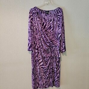 Added Dimensions Dress Women 2X Purple Excellent Faux Wrap Abstract 3/4 Sleeve